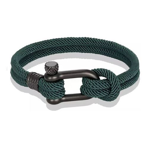 Pulsera Nautica Para Hombre Mujer Grillete Hilo Milan Acero Color Verde/Grillete Negro Largo 21 Cm