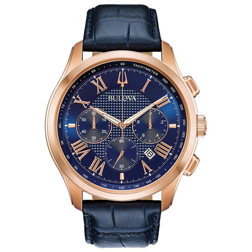 Reloj cronógrafo clásico Bulova 97b170 para hombre, color de la correa azul, color del bisel, oro rosa, color de fondo azul