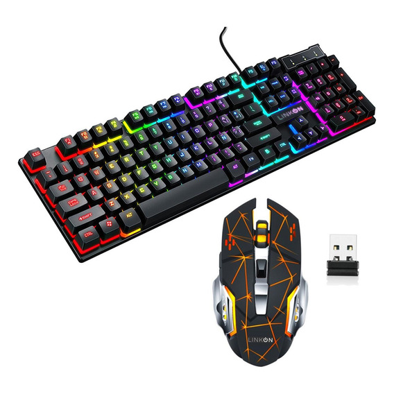 Kit Set Gamer Teclado Led + Mouse Inalambrico Usb Recargable Color del teclado Naranjo