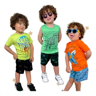 Kit 3 Conjuntos Infantil Menino 6 Peças Camisetas E Shorts