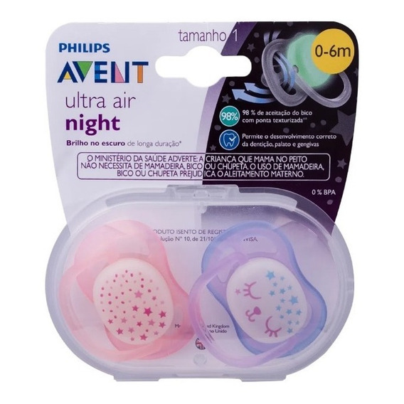 Chupetes Avent Silicona Ultra Air Night  0-6m X 2 Luminoso