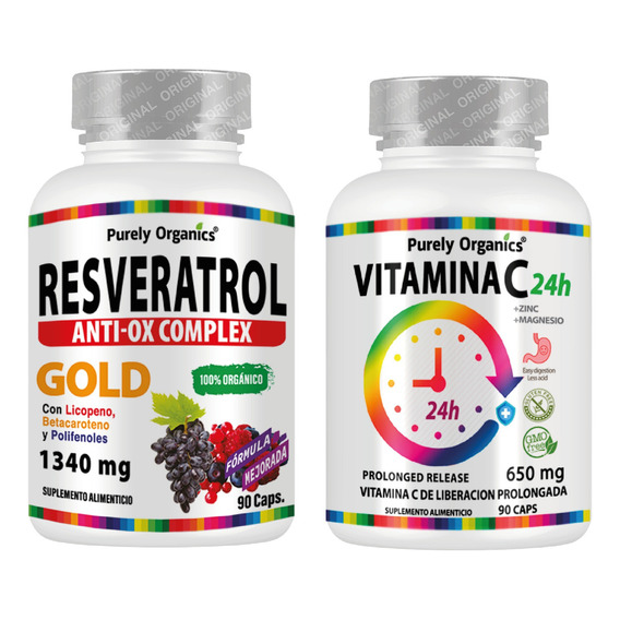 Combo Resveratrol Complex y Vitamina C 24h 90 Cápsulas. Purely Organics.