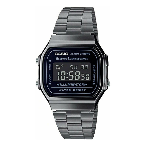 Reloj de pulsera Casio Vintage A-168 de cuerpo color gris, digital, fondo negro, con correa de acero inoxidable color gris, dial gris, minutero/segundero gris, bisel color gris y hebilla de gancho