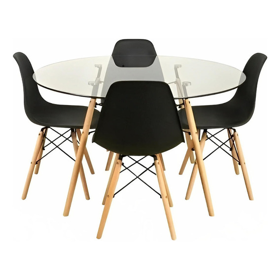 Comedor Mesa Eames Vidrio 100cm + 4 Sillas Eames Negras