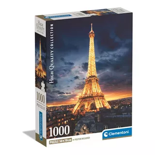 Rompecabezas Paris Torre Eiffel Iluminada 1000 Pz Clementoni Francia Ciudad De Las Luces Romantico Con Poster