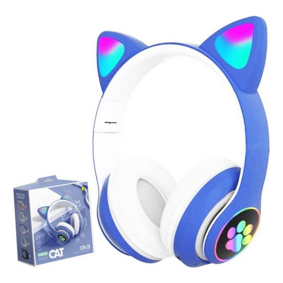 Audífonos Gamer Inalámbricos Cat Stn-28 Gatita Con Luz Led Color Azul