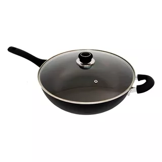 Wok Teflon 32cm Antiadherente Tapa Vidrio C/evaporizador Bz3 Color Negro