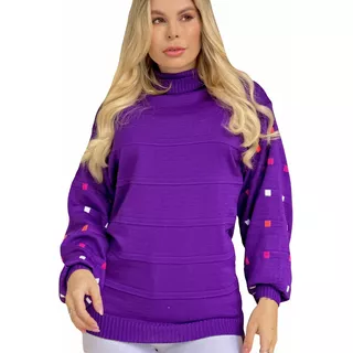 Blusa Tricô Mangas Bufantes Outono Inverno Gola Alta