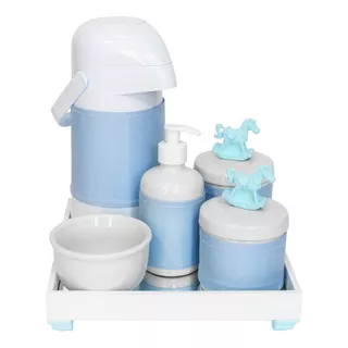 Kit Higiene Bandeja Porcelana Garrafa Bebê Urso Ursinho Azul Cor Cavalinho