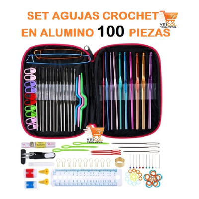 (sugerido) Set Agujas Crochet De Lujo En Aluminio 100 Pcs 