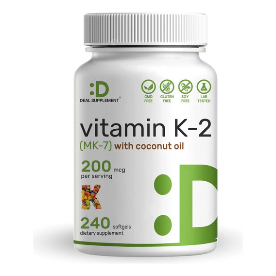 Vitamina K2 Mk7 200 Mcg Con Aceite De Coco 240 Capsulas Sabor Sin Sabor