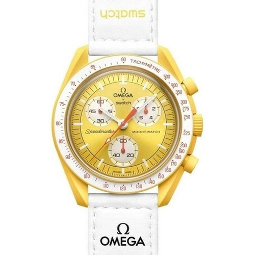Reloj Swatch Omega Bioceramic Mission To Sun Color Del Fondo Amarillo Color De La Correa Blanco Color Del Bisel Amarillo