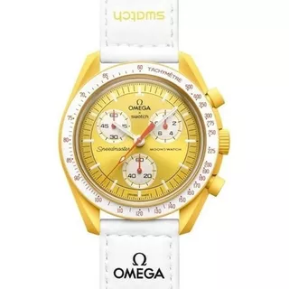 Reloj Swatch Omega Bioceramic Mission To Sun Color Del Fondo Amarillo Color De La Correa Blanco Color Del Bisel Amarillo