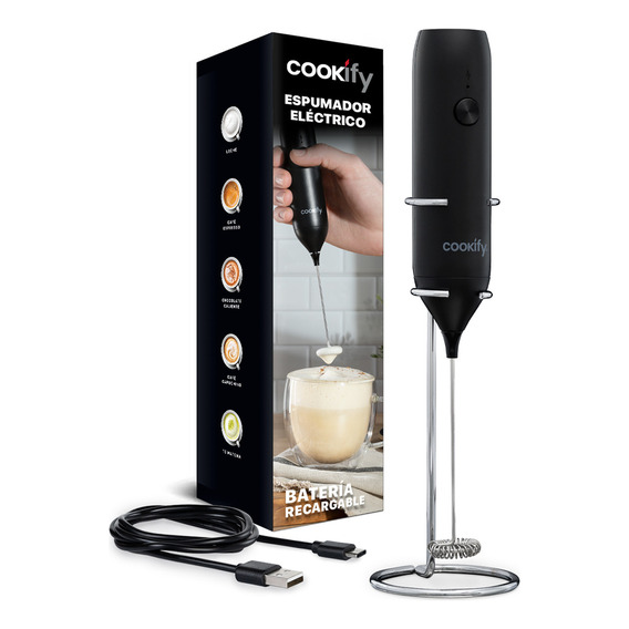 Espumador De Leche Eléctrico Recargable Usb Cookify | Incluye Base, Perfecto Para Lattes, Capuchinos Y Más. Batidor Portátil, Acero Inoxidable, Crea Espuma Rica Y Cremosa. 