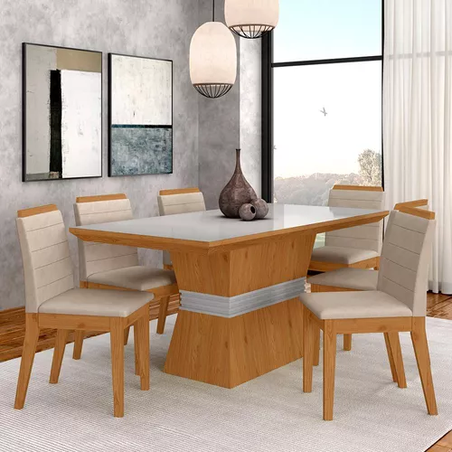 Conjunto Mesa De Jantar 6 Cadeiras Nairóbi Cinam/off/bege-ma Cor  Cinamomo/off White/bege 03