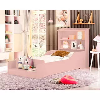 Cama Quarto Infantil Liz Com Prateleira E Proteção Cor Rosê