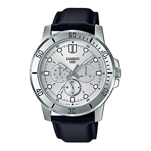Reloj pulsera Casio MTP-VD300 con correa de cuero color negro - fondo plateado