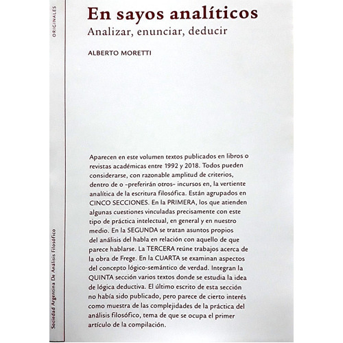 En Sayos Analíticos: Analizar, Enunciar, Deducir, De Moretti, Alberto., Vol. Volumen Unico. Editorial Sadaf, Tapa Blanda, Edición 1 En Español, 2020