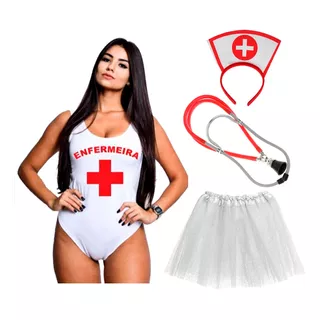 Fantasia Enfermeira Carnaval Saia Tiara Body Estetoscópio