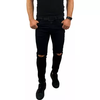 Pantalón Skinny Stretch Con Destrucción En Rodillas Negro