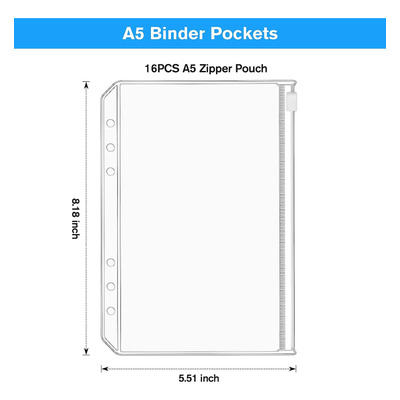 Paquete De 16 Bolsillos Ktrio, A5, 6 Agujeros Con Cremallera