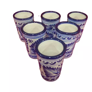 Set 10 Tequileros De Talavera Poblana Azul Tradicional  Tql