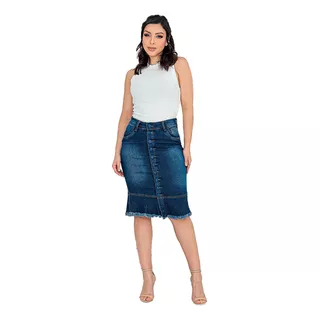 Saia Feminina Moda Evangélica Jeans C/elastano Botão Forrado