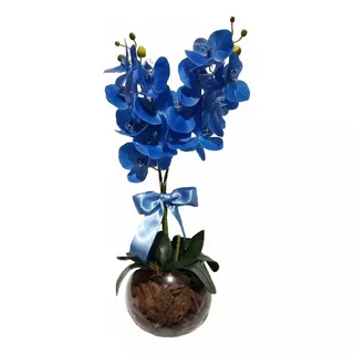 Vaso Luxo Vidro Arranjo Orquídea Azul Artificial Enfeite