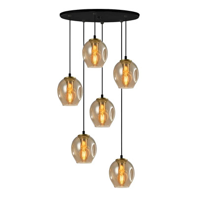 Colgante 6 Luces Ástrid Ambar Base Redonda 48cm Apto Led E27 Ámbar