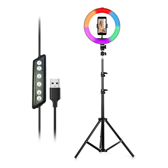 Aro De Luz Led Rgb 25 Cm + Trípode 2 Mts + Soporte Celular Color de la estructura Negro Color de la luz Blanco cálido/Blanco frío/RGB