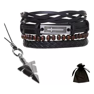 Kit Pulseiras Masculinas Preto E Marrom Couro Cruz + Colar