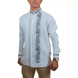 Guayabera Yucateca Modelo Colibri, Lino Flame, Bordado Negro