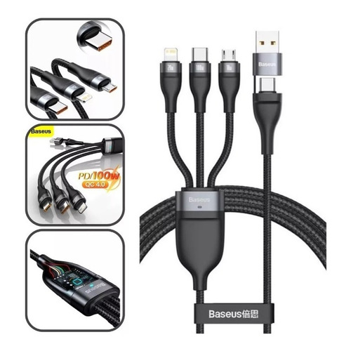 Cable microcargador Baseus 3 en 1 USB-C P C Lightning de 100 W, color negro