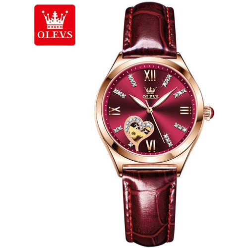 Reloj Mecánico De Cuero Para Mujer Olevs 6636 Color de la correa Wine red