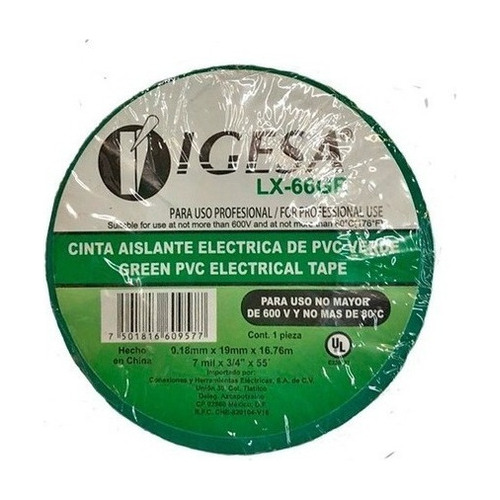 10 Cinta Eléctrica Aislante De Pvc 19mm 16.7mts Igesa Grande Verde Liso