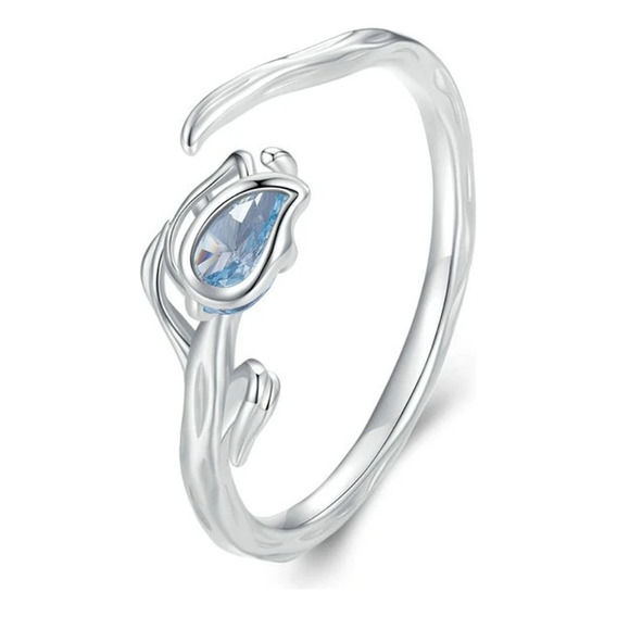 Anillo Ajustable Flor Tulipán Espinela Azul 100% Plata S925 