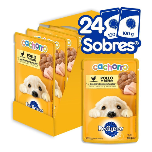 Pack X24 Sobres Pedigree Para Cachorros De Pollo En Filetes 100g C/u