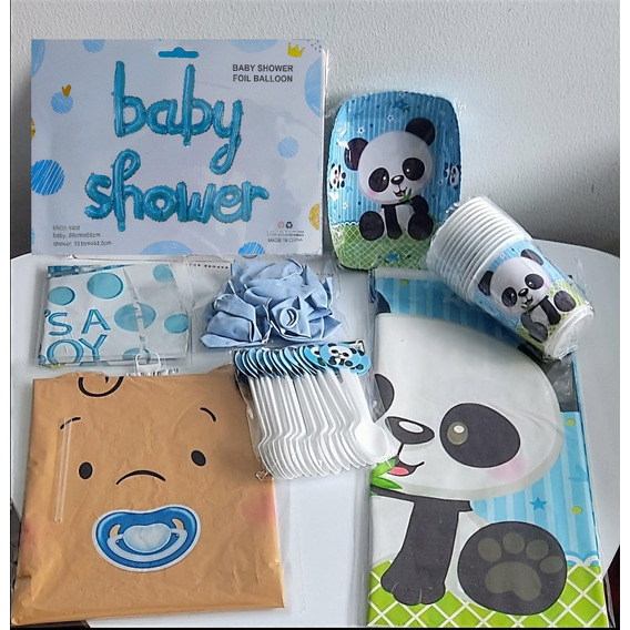Kit Decoración Babyshower Niño, Para 12 Personas, Oso Panda.