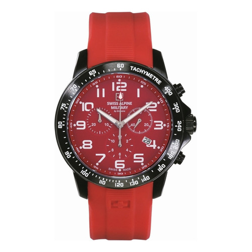 Reloj Swiss Alpine Military Ranger Chrono 7064.9876sam Malla Rojo Bisel Negro Fondo Rojo