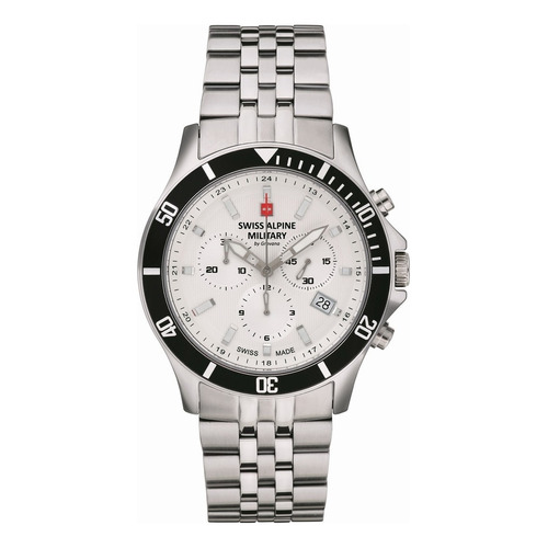 Reloj Swiss Alpine Military Challenger Chrono 7022.9132sam Malla Plateado Bisel Negro Fondo Plateado