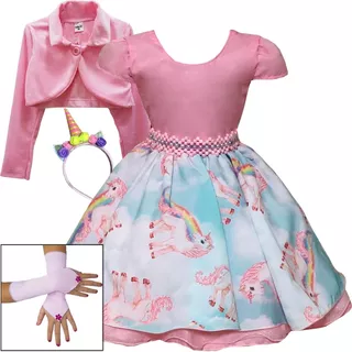 Vestido Unicórnio Rosa Cute Festa Infantil Bolero Luvas Luxo