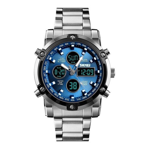 Reloj pulsera Skmei 1389 con correa de acero inoxidable color plateado - fondo azul - bisel negro/plateado