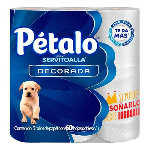 Pétalo Color Blanco Toallas De Papel Decorada 3 Rollos De 60 Hojas Multiusos