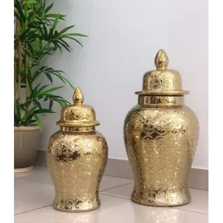 Vaso Decorativo Dourado 2 Pçs Porcelana Chinesa 65x34 49x26