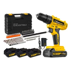 Parafusadeira Furadeira De Impacto Sem Fio Com 3 Baterias 21V Com Maleta E Acessorios Profissional The Black Tools