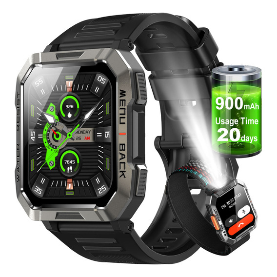 Feipuqu SmartWatch Reloj Inteligente W60 Negro De 2.1 Smart Watch Pulgadas Hombre Militar Linterna Bluetooth Ip68 Resistente Al Agua Batería De 900 Mah