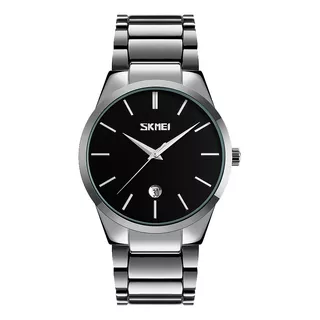 Reloj Hombre Skmei 9140 Acero Minimalista Fecha Elegante Color De La Malla Plateado/negro