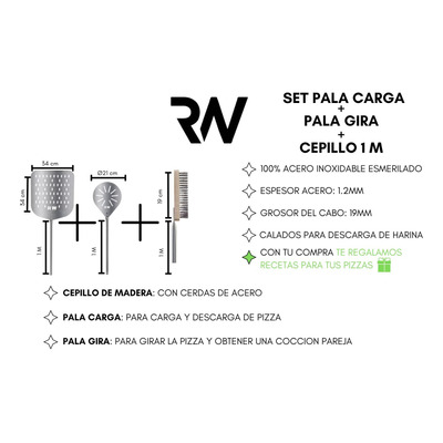 Set Pala Carga + Pala Gira + Cepillo - Horno Barro 1 Mt - Rw