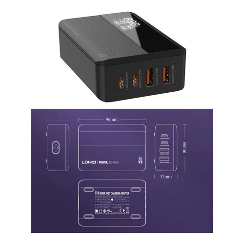 Cargador Ldnio 65w Carga Rapida Pantalla Led Usb C 4 Puertos