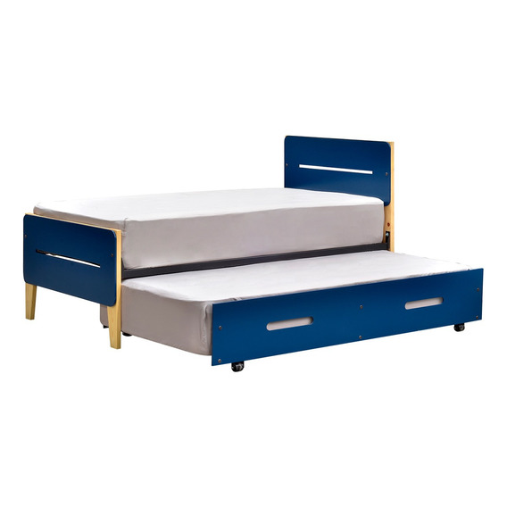 Cama Doble Individual Juno | Cama Baja Deslizable Con Ruedas Color Azul